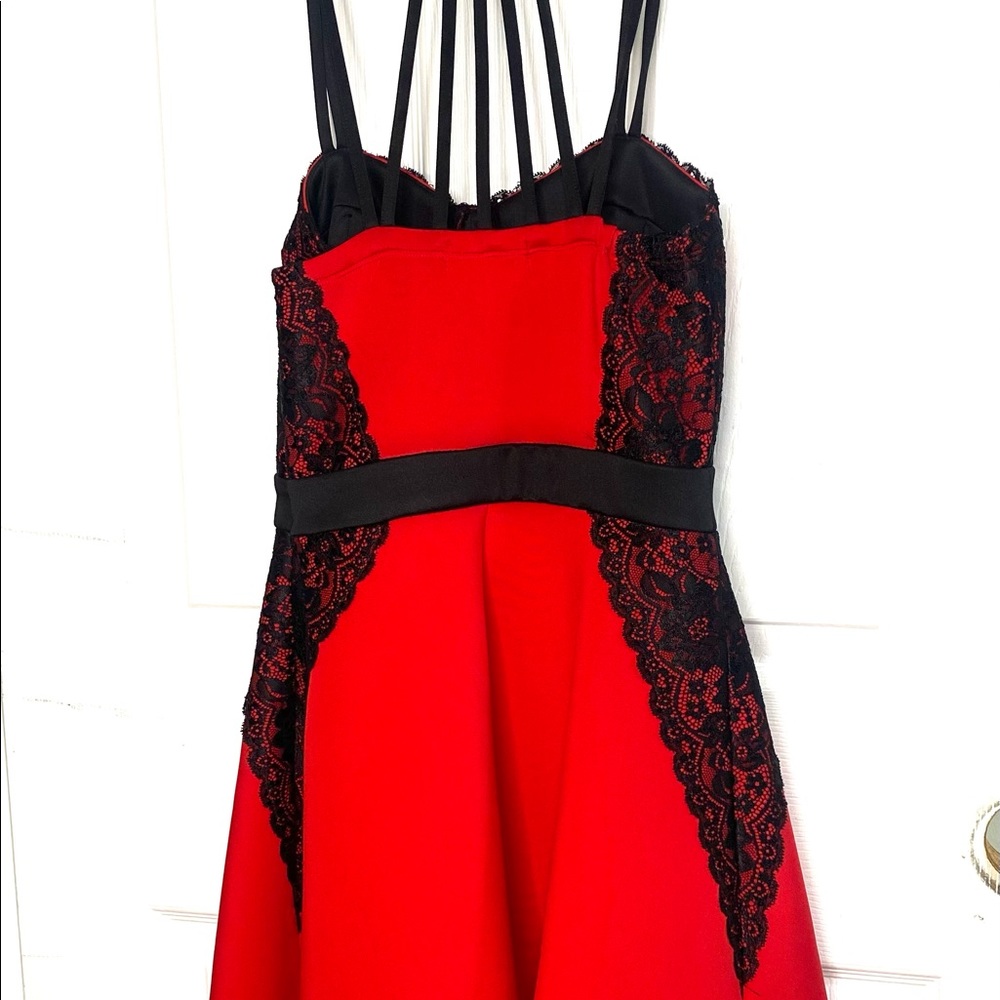 Spaghetti Straps Red & Black Hi-lo Dress with Lace Bodice - Picture 2 of 2